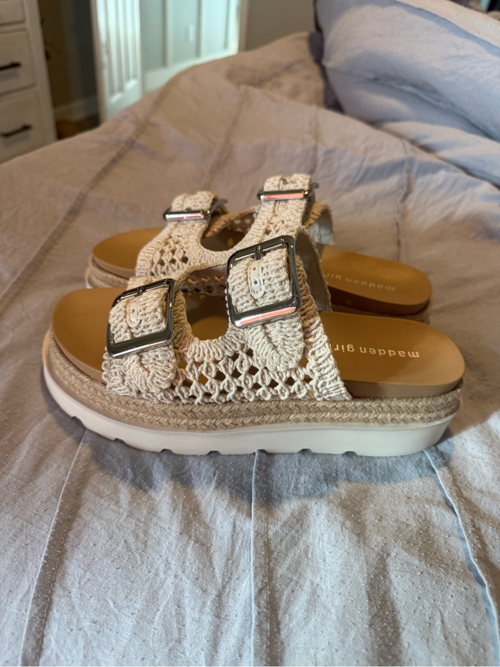 Madden Girl Cream Crochet Double-Strap Platform Sandals